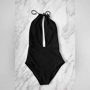 Aerie Black Halter Plunge One Piece Swimsuit Size M